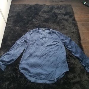 blue, silk long sleeve blouse.